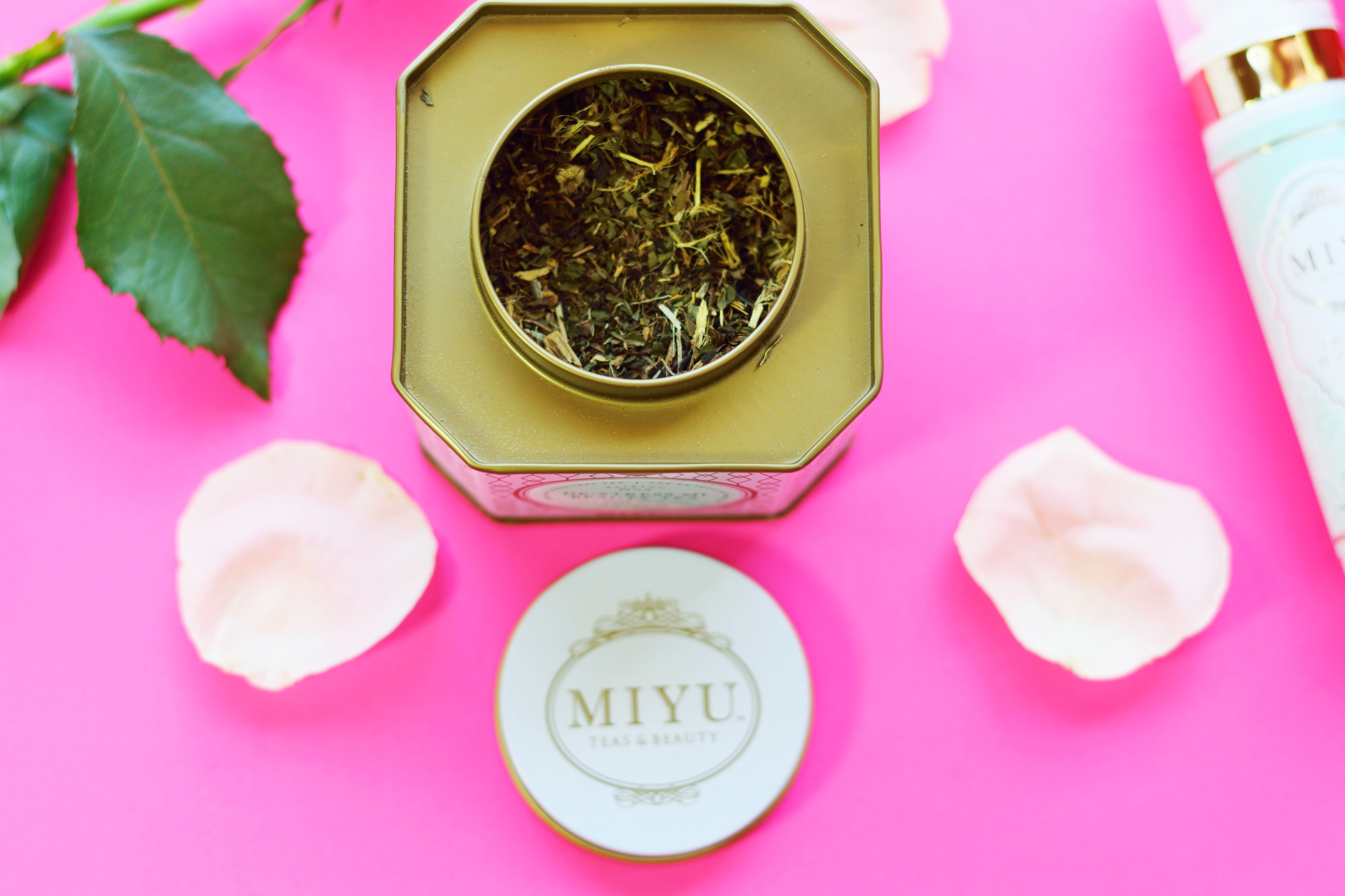 Beauty Regimen with skincare and tea from Miyu Beauty