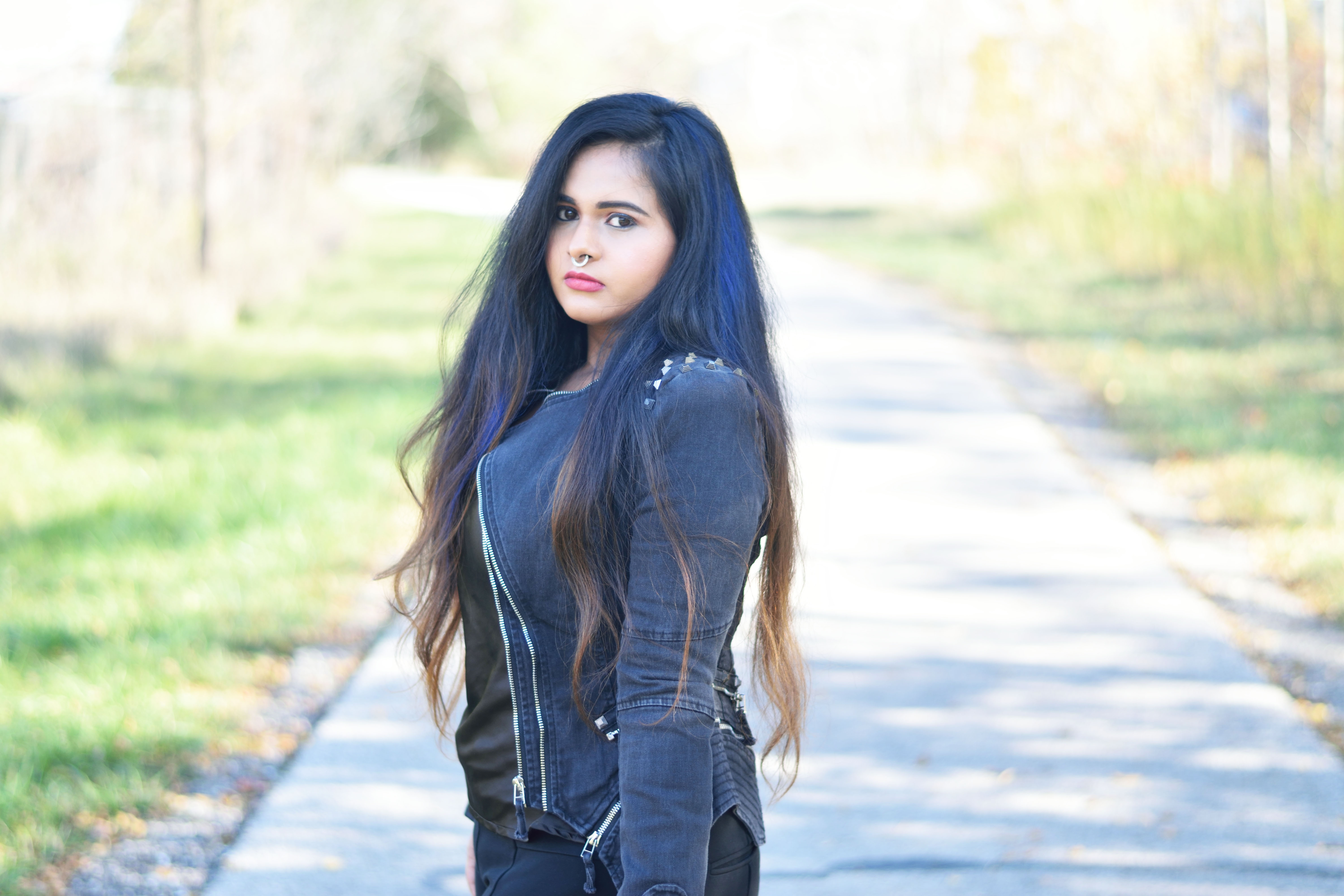 Being like a biker babe with studded denim blazer from Lookbook Store