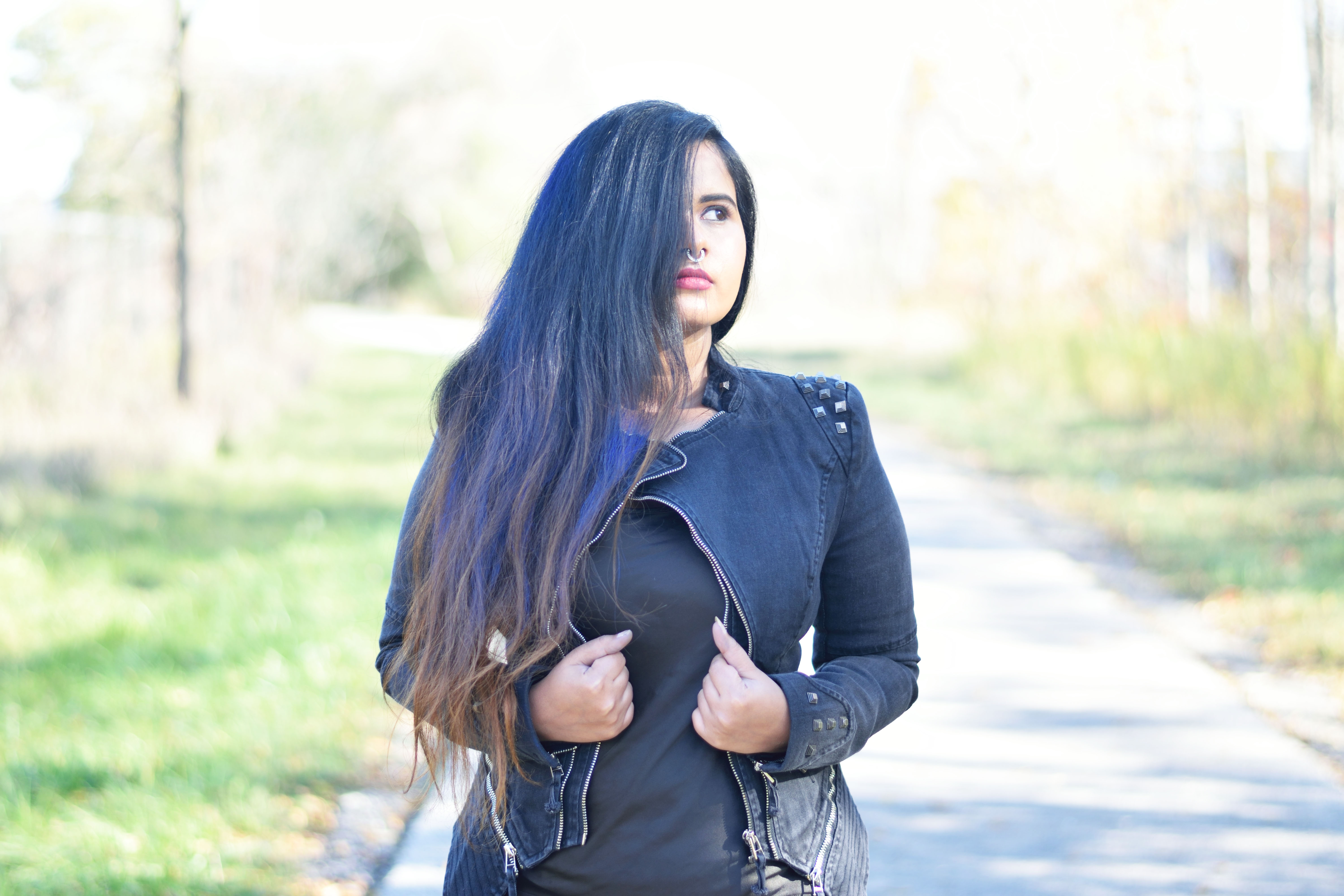 Being like a biker babe with studded denim blazer from Lookbook Store